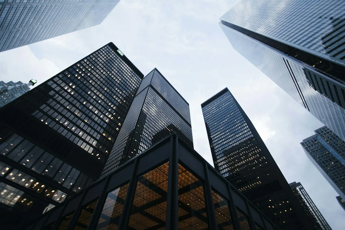 Glass commercial buildings viewed from street level