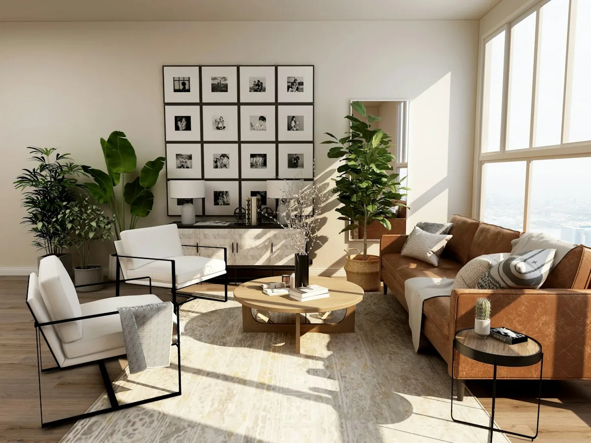 Light-filled living room with warm neutrals, timber furniture and indoor plants