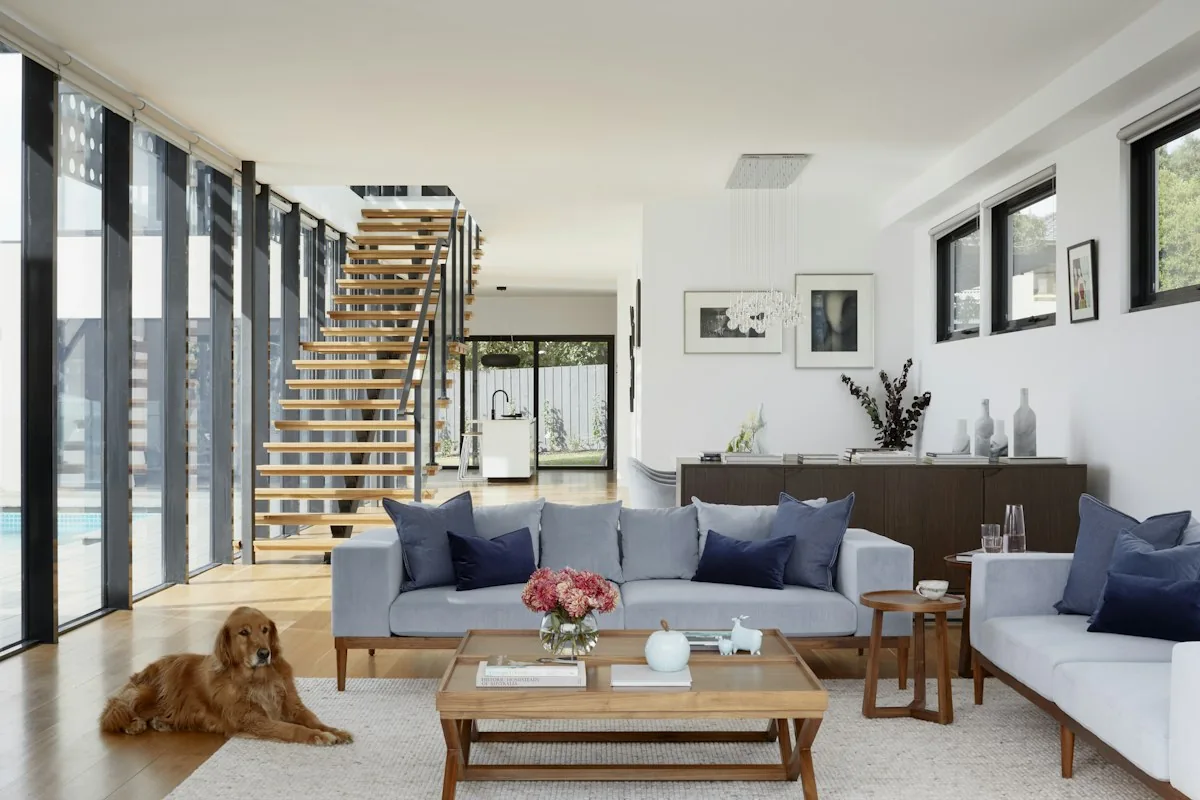Open living space with a timber staircase and contemporary furniture